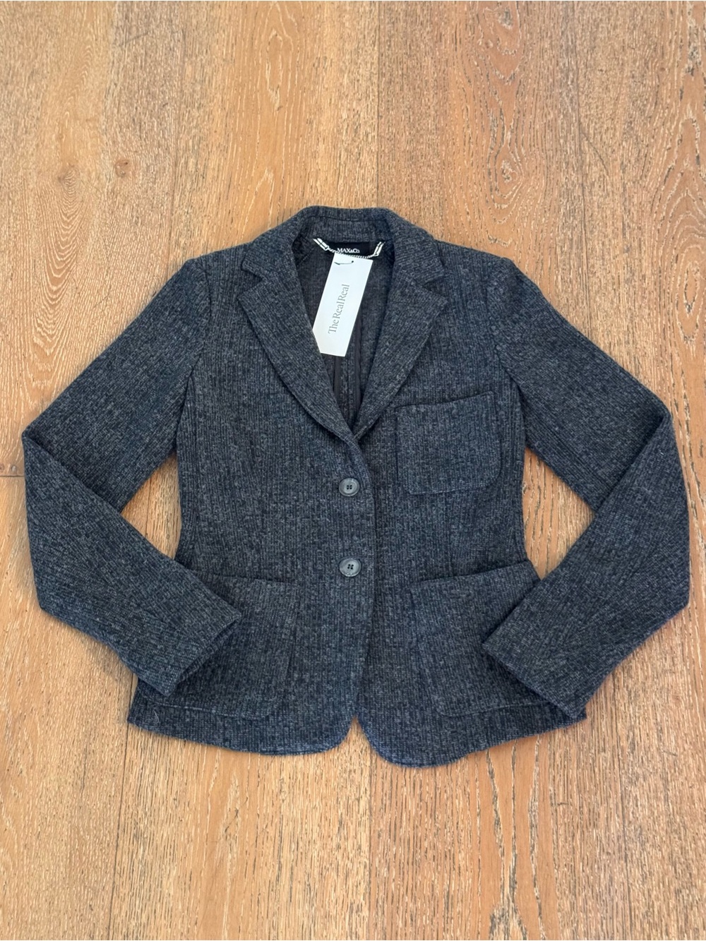 MAX&Co. Charcoal Gray Stretch Knit Jersey Blazer Patch Pocket Dark Academia S